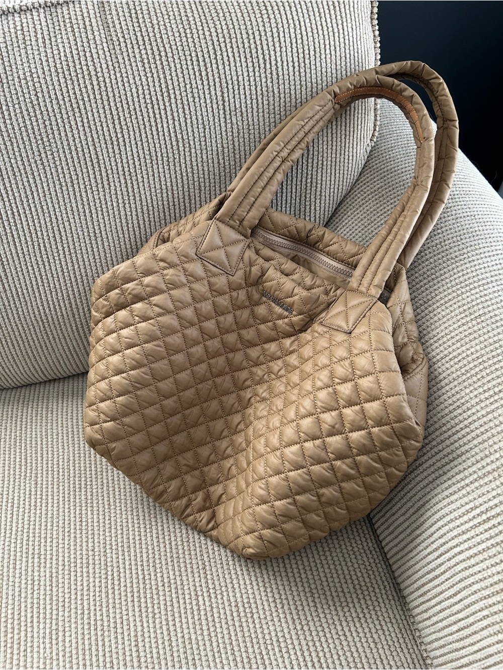 MZ Wallace Quilted Camel Tote with Removable Stripe Strap - Picture 2 of 3